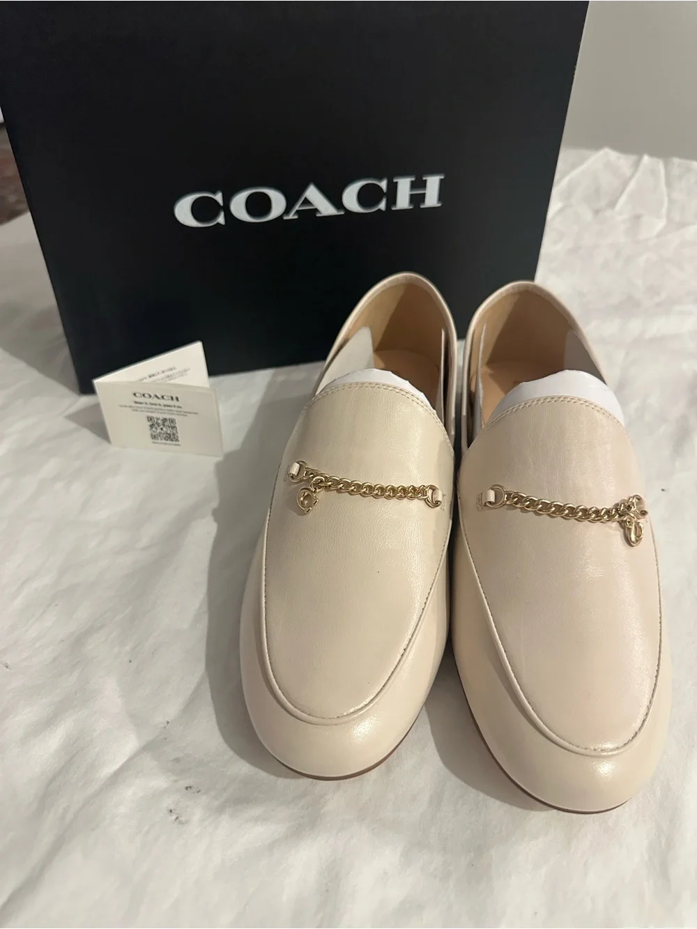 Coach Women's Cream Leather Chain-Trim Loafers